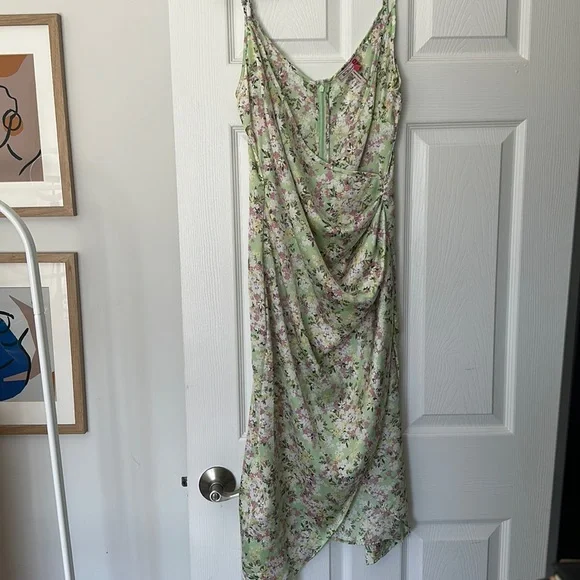 slim fit dress slacks BCBG Size 12 Green Silk Mixed Fabrics Halter Mid Calf Dress  Sui Generis  Designer Consignment